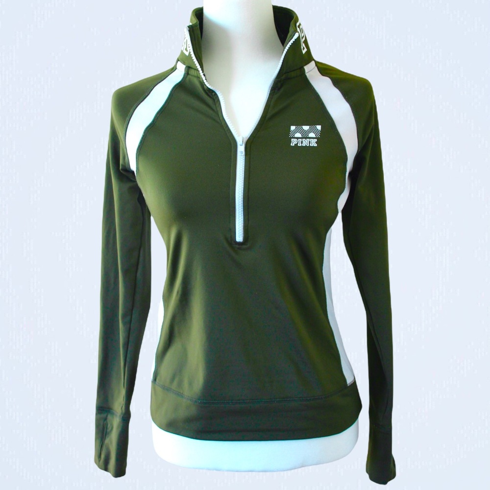 PINK VS ULTIMATE Army Green Half Zip Workout Top w/ Pocket in Back